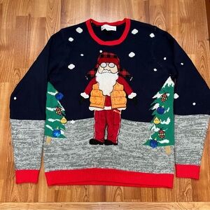 Festive Santa Sweater - Navy and Gray Outdoor Santa Men’s Large